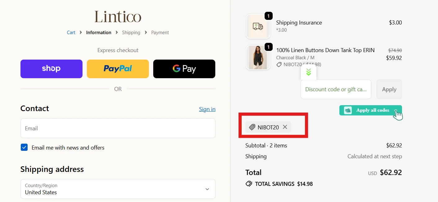 Use the discount code Nibot20 for a 30% OFF Everything at LINTICO